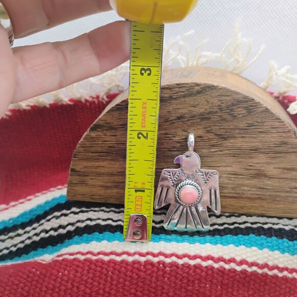 Southwestern Hand Stamped Sterling Silver Thunderbird Pendant Pink Conch Shell - Picture 4 of 7